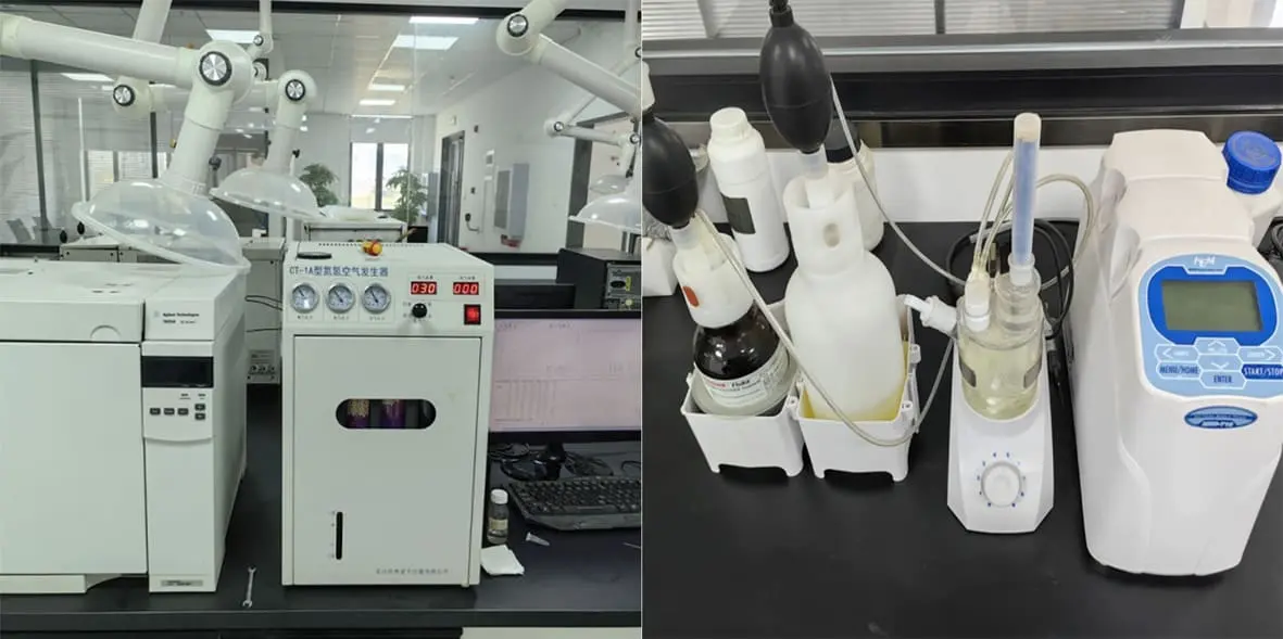 Gas chromatograph and Karl Fischer titrator used for Silfluo batch release testing