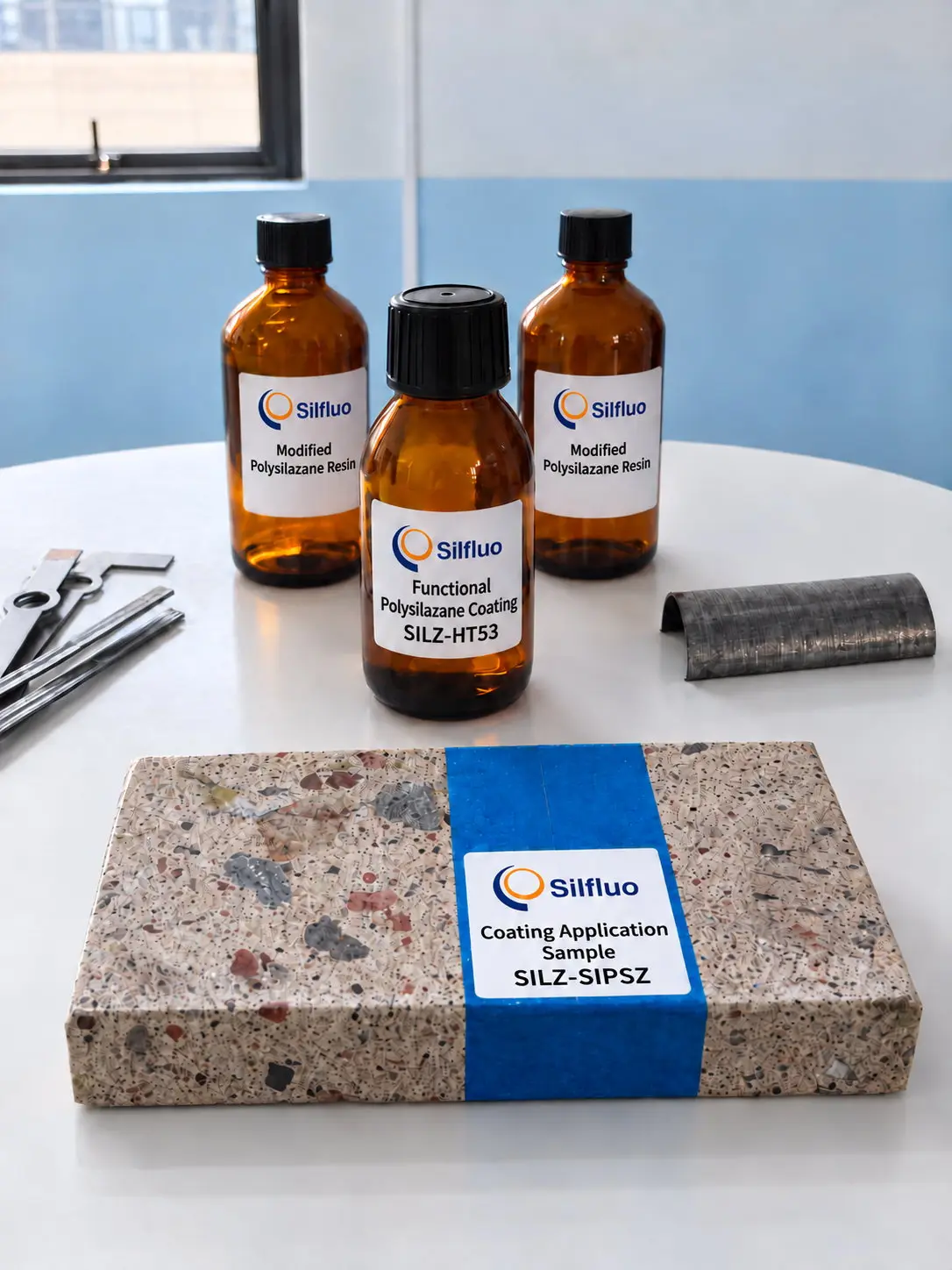 Terrazzo stone slab carrying a SILZ-SIPSZ coating application sample label, masked with blue tape, beside SILZ-HT53 and modified polysilazane resin sample bottles