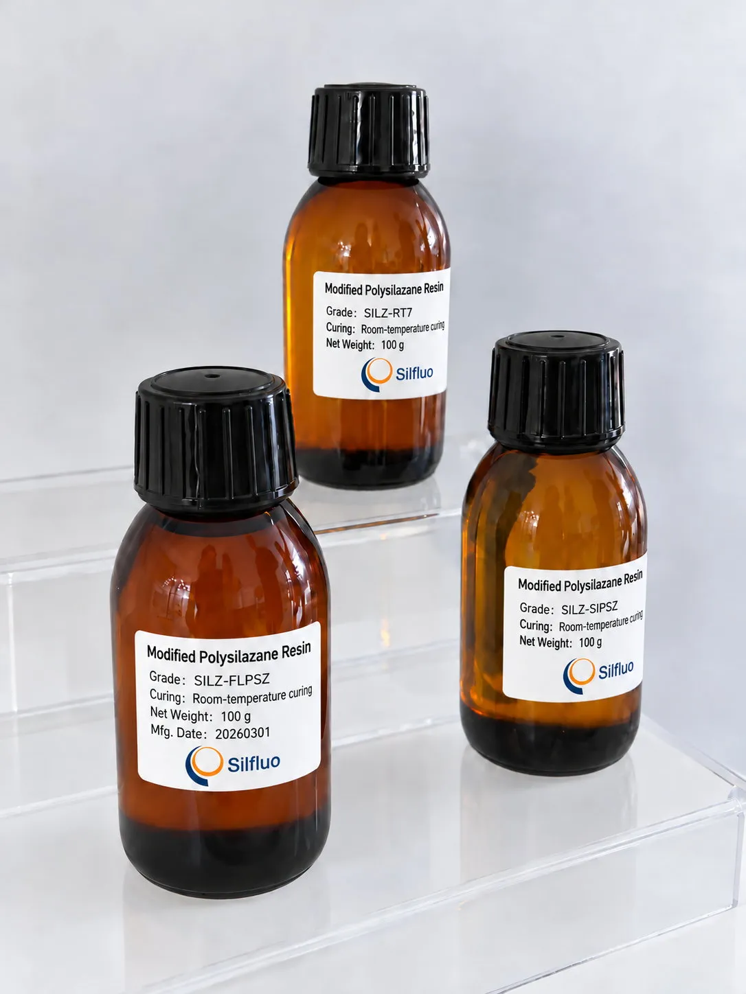 Silfluo modified polysilazane resin sample bottles, grades SILZ-RT7, SILZ-FLPSZ and SILZ-SIPSZ in labelled 100 g amber glass bottles